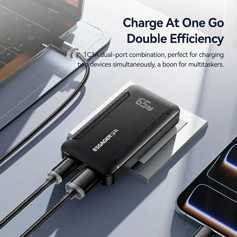 ESSAGER 65W GaN Ultraflacher Reiseladegerät USB-C + USB-A Schnellladegerät für MacBook iPhone iPad – EU-Stecker