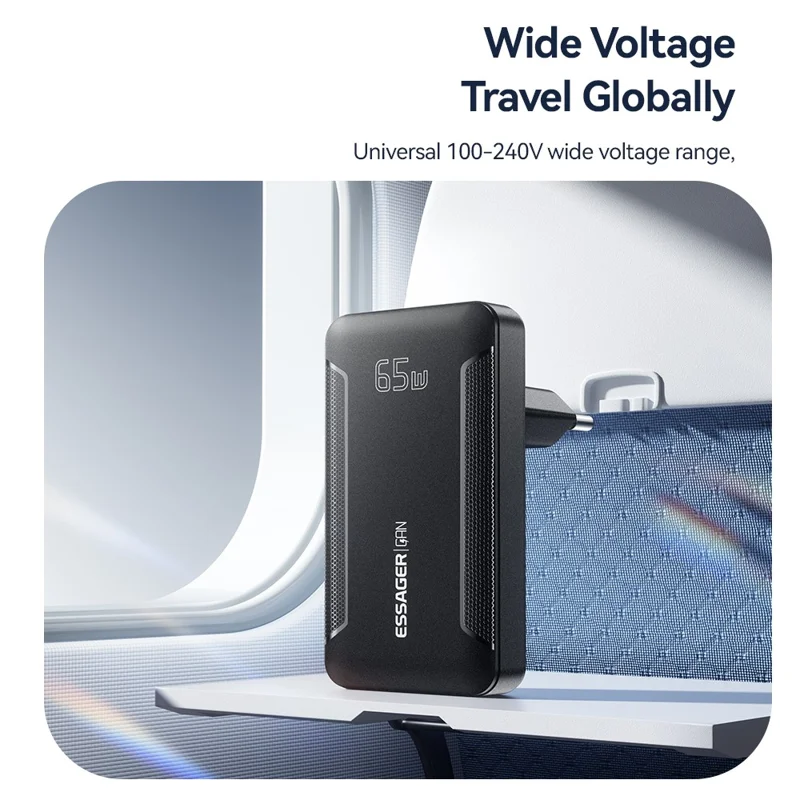 ESSAGER 65W GaN Ultraflacher Reiseladegerät USB-C + USB-A Schnellladegerät für MacBook iPhone iPad – EU-Stecker