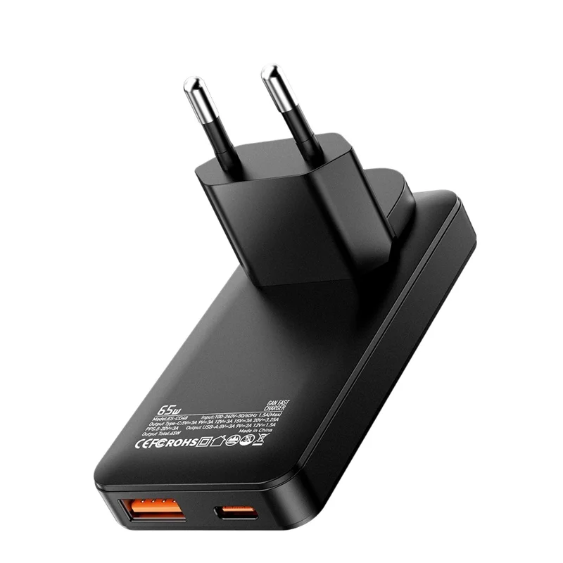 ESSAGER 65W GaN Ultraflacher Reiseladegerät USB-C + USB-A Schnellladegerät für MacBook iPhone iPad – EU-Stecker