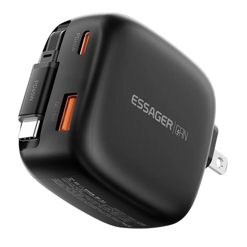 ESSAGER US-Stecker 65W Schnellladegerät GaN Reiseladegerät USB-C + USB-A Netzteil mit einziehbarem Kabel - Schwarz