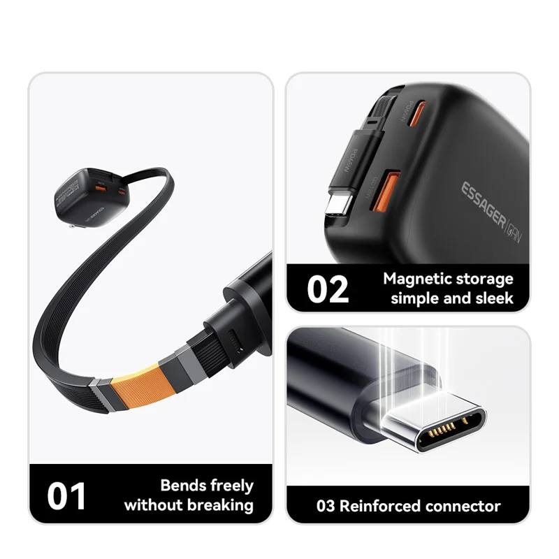 ESSAGER US-Stecker 65W Schnellladegerät GaN Reiseladegerät USB-C + USB-A Netzteil mit einziehbarem Kabel - Schwarz