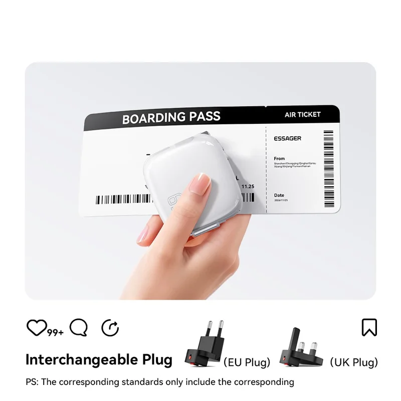 ESSAGER US-Stecker 65W Schnellladegerät GaN Reiseladegerät USB-C + USB-A Netzteil mit einziehbarem Kabel - Schwarz