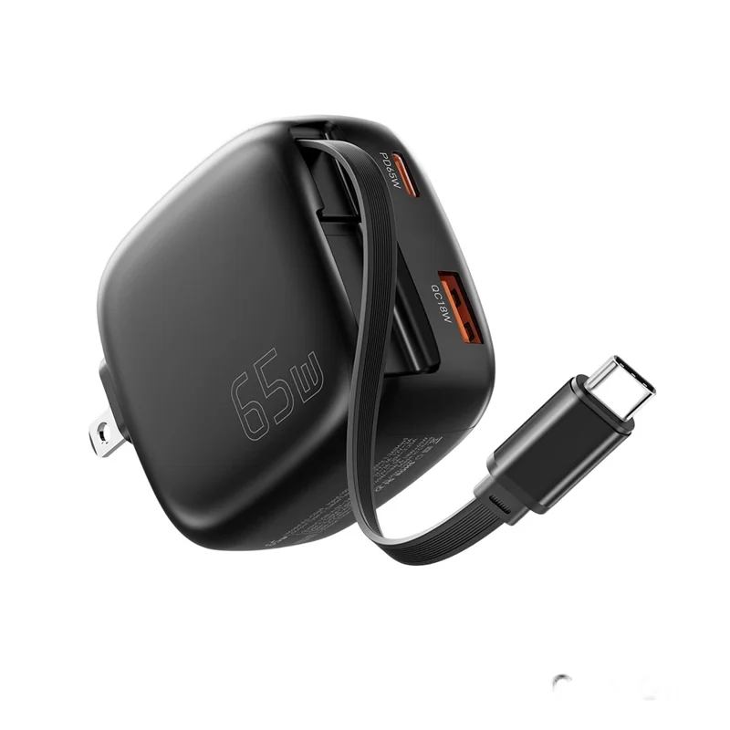 ESSAGER US-Stecker 65W Schnellladegerät GaN Reiseladegerät USB-C + USB-A Netzteil mit einziehbarem Kabel - Schwarz