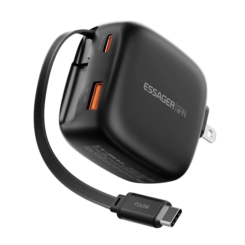ESSAGER US-Stecker 65W Schnellladegerät GaN Reiseladegerät USB-C + USB-A Netzteil mit einziehbarem Kabel - Schwarz