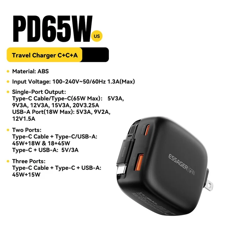 ESSAGER US-Stecker 65W Schnellladegerät GaN Reiseladegerät USB-C + USB-A Netzteil mit einziehbarem Kabel - Schwarz