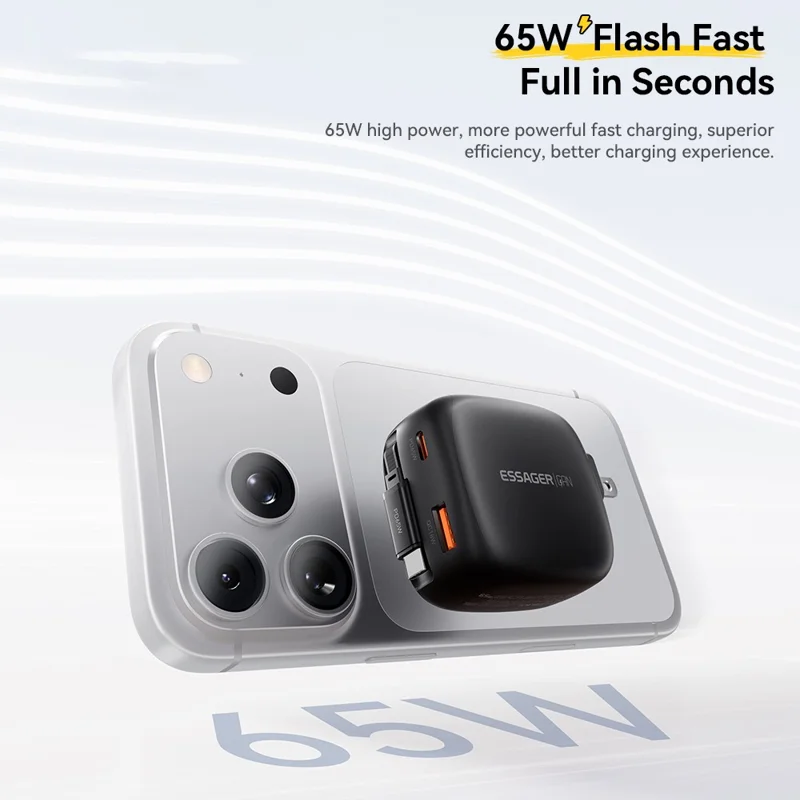 ESSAGER US-Stecker 65W Schnellladegerät GaN Reiseladegerät USB-C + USB-A Netzteil mit einziehbarem Kabel - Schwarz