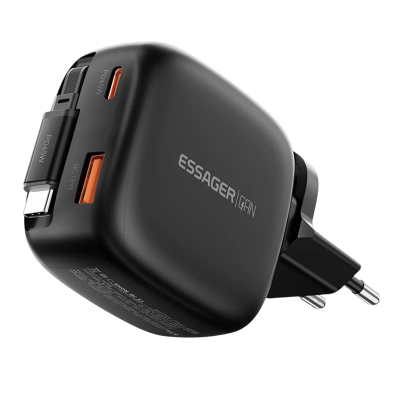 ESSAGER 65W Schnellladung GaN Reiseladegerät USB-C + USB-A Netzteil mit einziehbarem Kabel – EU-Stecker / Schwarz