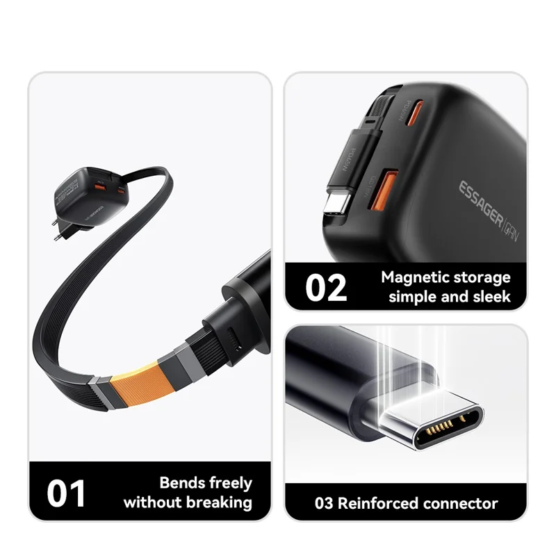 ESSAGER 65W Schnellladung GaN Reiseladegerät USB-C + USB-A Netzteil mit einziehbarem Kabel – EU-Stecker / Schwarz