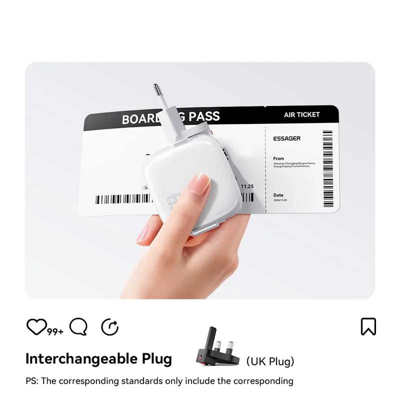 ESSAGER 65W Schnellladung GaN Reiseladegerät USB-C + USB-A Netzteil mit einziehbarem Kabel – EU-Stecker / Schwarz