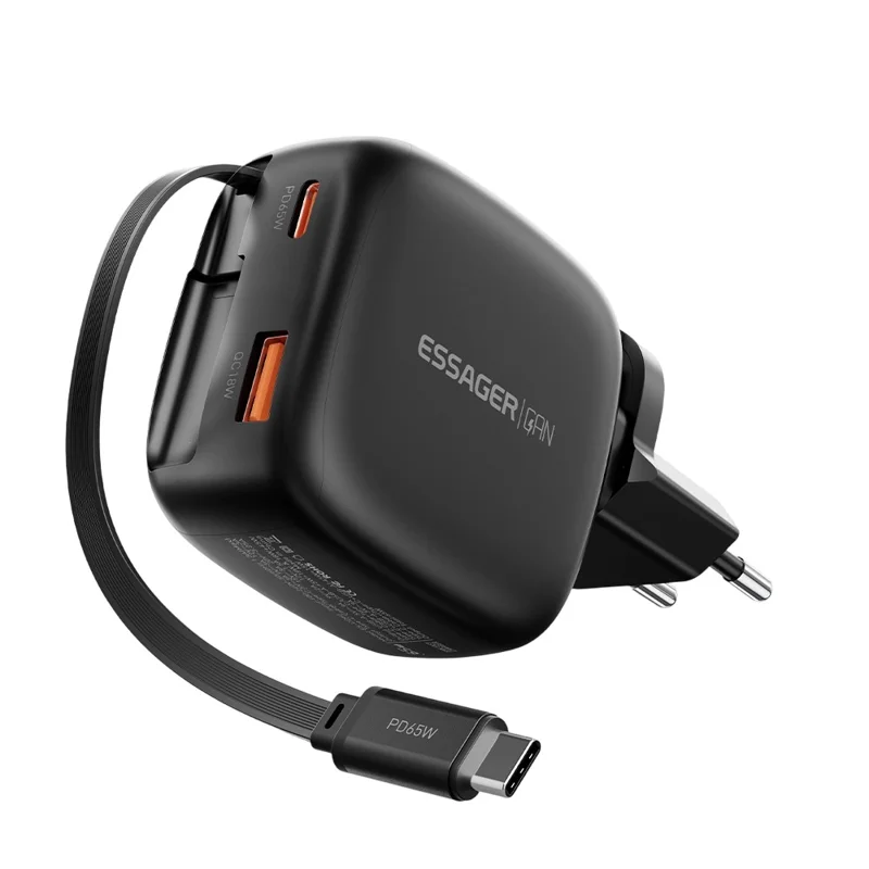 ESSAGER 65W Schnellladung GaN Reiseladegerät USB-C + USB-A Netzteil mit einziehbarem Kabel – EU-Stecker / Schwarz