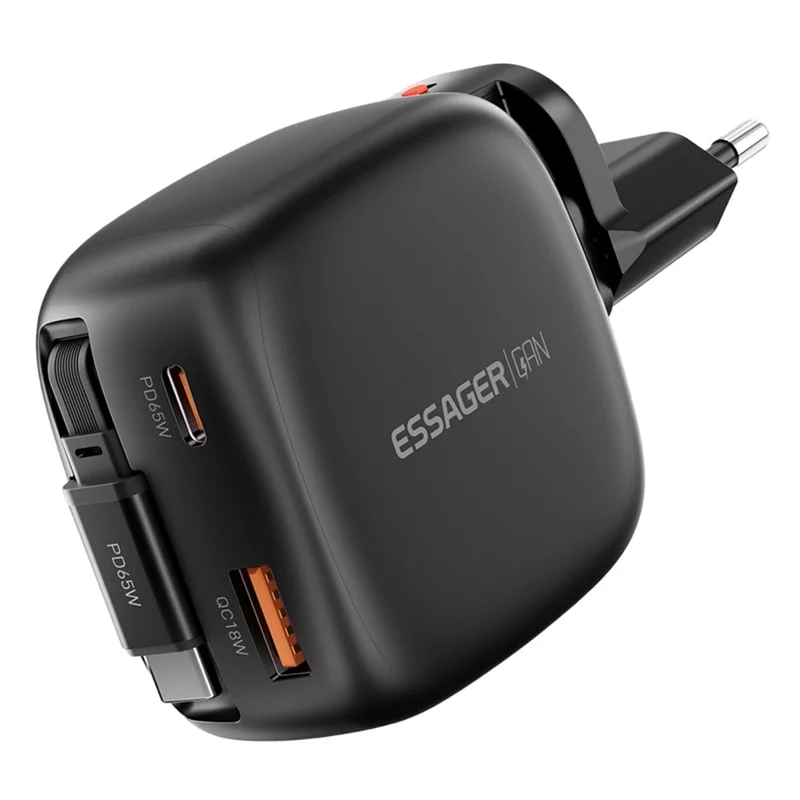 ESSAGER 65W Schnellladung GaN Reiseladegerät USB-C + USB-A Netzteil mit einziehbarem Kabel – EU-Stecker / Schwarz