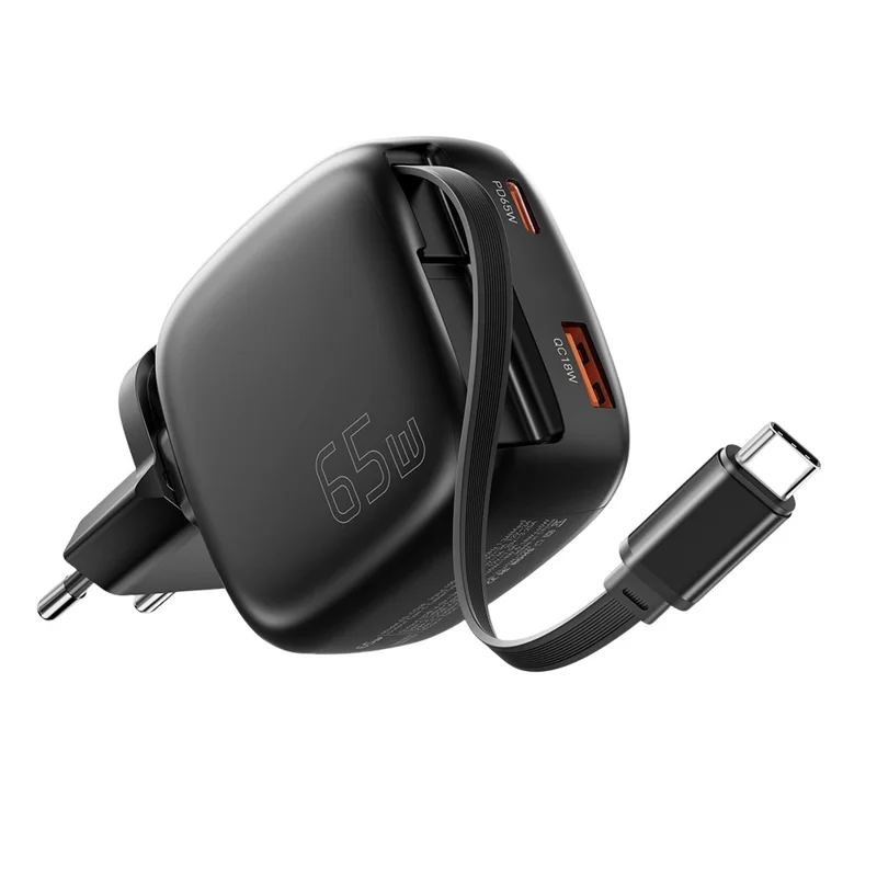 ESSAGER 65W Schnellladung GaN Reiseladegerät USB-C + USB-A Netzteil mit einziehbarem Kabel – EU-Stecker / Schwarz