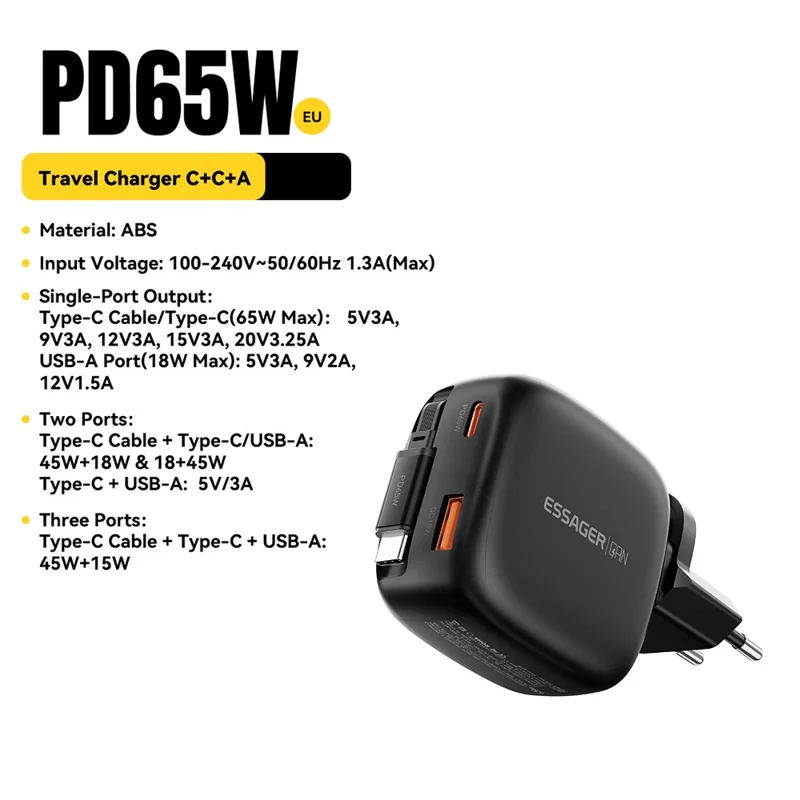 ESSAGER 65W Schnellladung GaN Reiseladegerät USB-C + USB-A Netzteil mit einziehbarem Kabel – EU-Stecker / Schwarz