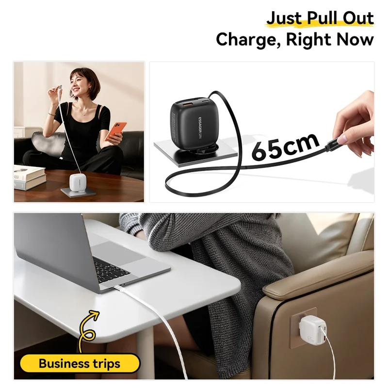 ESSAGER 65W Schnellladung GaN Reiseladegerät USB-C + USB-A Netzteil mit einziehbarem Kabel – EU-Stecker / Schwarz