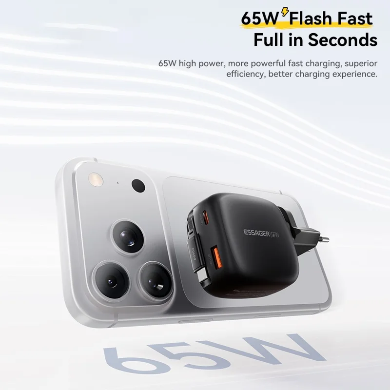 ESSAGER 65W Schnellladung GaN Reiseladegerät USB-C + USB-A Netzteil mit einziehbarem Kabel – EU-Stecker / Schwarz