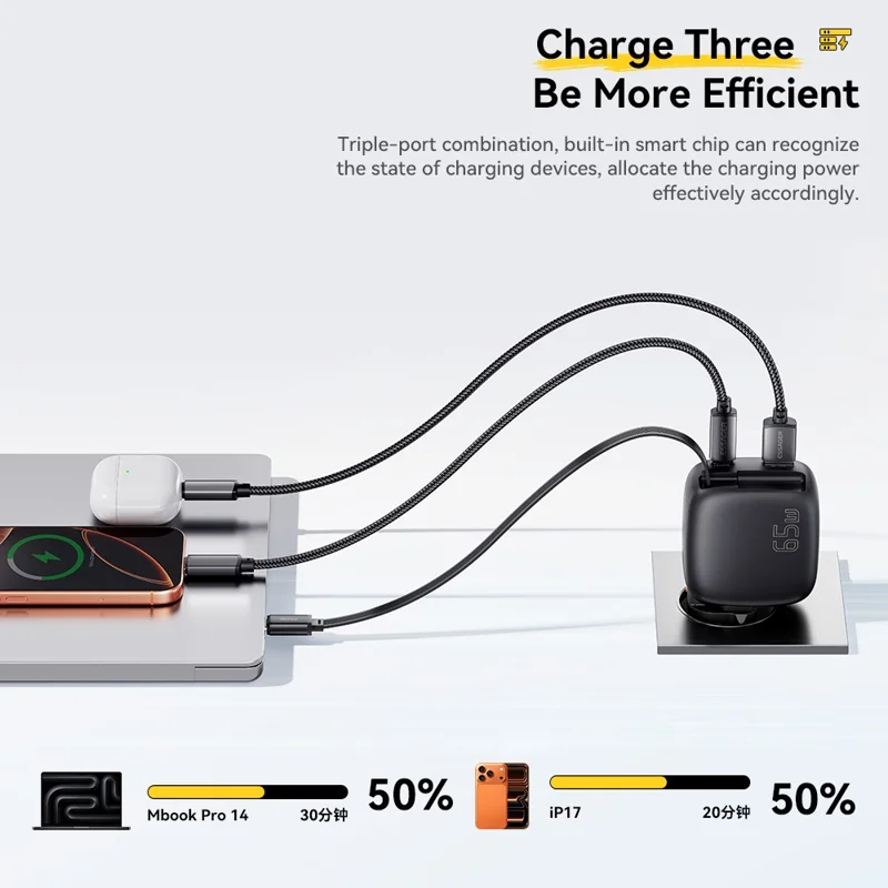 ESSAGER 65W Schnellladung GaN Reiseladegerät USB-C + USB-A Netzteil mit einziehbarem Kabel – EU-Stecker / Schwarz