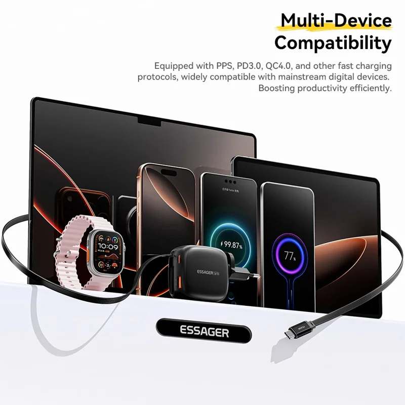 ESSAGER 65W Schnellladung GaN Reiseladegerät USB-C + USB-A Netzteil mit einziehbarem Kabel – EU-Stecker / Schwarz