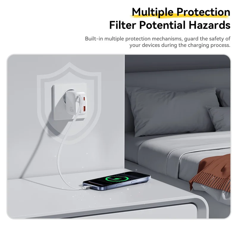 ESSAGER 65W Schnellladung GaN Reiseladegerät USB-C + USB-A Netzteil mit einziehbarem Kabel – EU-Stecker / Schwarz