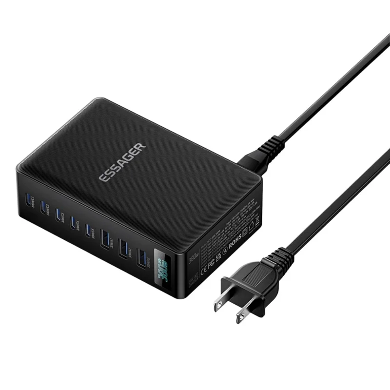 ESSAGER US-Stecker 100W Schnellladegerät GaN Desktop-Ladegerät 5 USB-C + 3 USB-A für Laptop, Telefon, Tablet – Schwarz