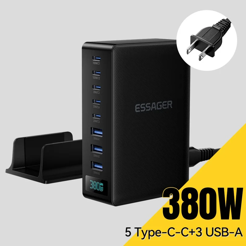ESSAGER US-Stecker 100W Schnellladegerät GaN Desktop-Ladegerät 5 USB-C + 3 USB-A für Laptop, Telefon, Tablet – Schwarz