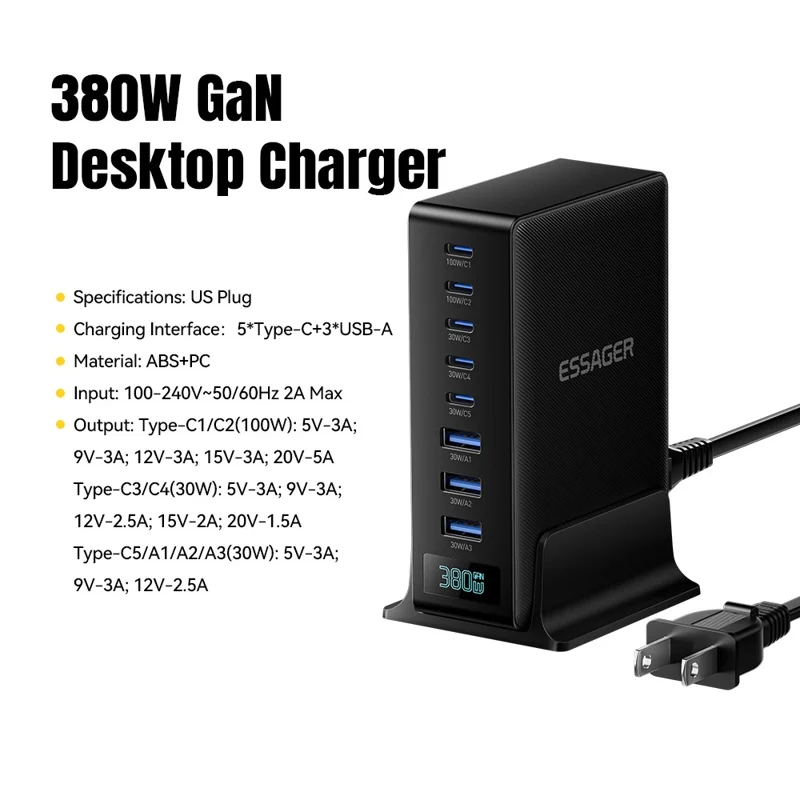 ESSAGER US-Stecker 100W Schnellladegerät GaN Desktop-Ladegerät 5 USB-C + 3 USB-A für Laptop, Telefon, Tablet – Schwarz