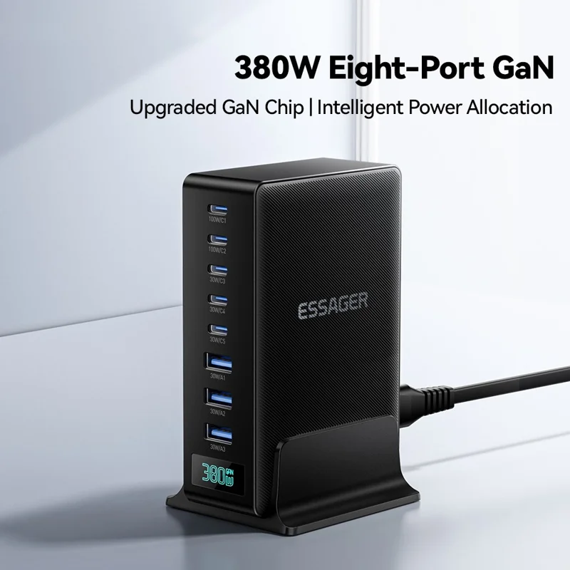 ESSAGER US-Stecker 100W Schnellladegerät GaN Desktop-Ladegerät 5 USB-C + 3 USB-A für Laptop, Telefon, Tablet – Schwarz