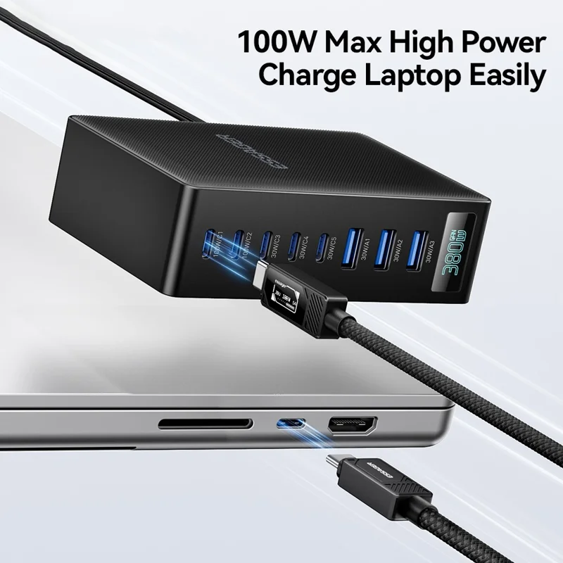 ESSAGER US-Stecker 100W Schnellladegerät GaN Desktop-Ladegerät 5 USB-C + 3 USB-A für Laptop, Telefon, Tablet – Schwarz