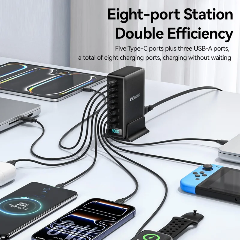ESSAGER US-Stecker 100W Schnellladegerät GaN Desktop-Ladegerät 5 USB-C + 3 USB-A für Laptop, Telefon, Tablet – Schwarz
