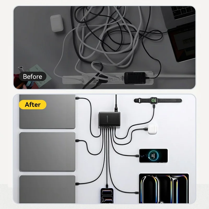 ESSAGER US-Stecker 100W Schnellladegerät GaN Desktop-Ladegerät 5 USB-C + 3 USB-A für Laptop, Telefon, Tablet – Schwarz