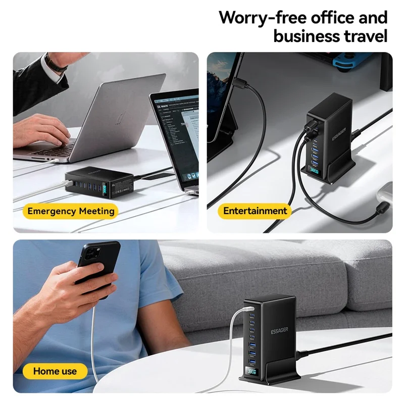 ESSAGER US-Stecker 100W Schnellladegerät GaN Desktop-Ladegerät 5 USB-C + 3 USB-A für Laptop, Telefon, Tablet – Schwarz
