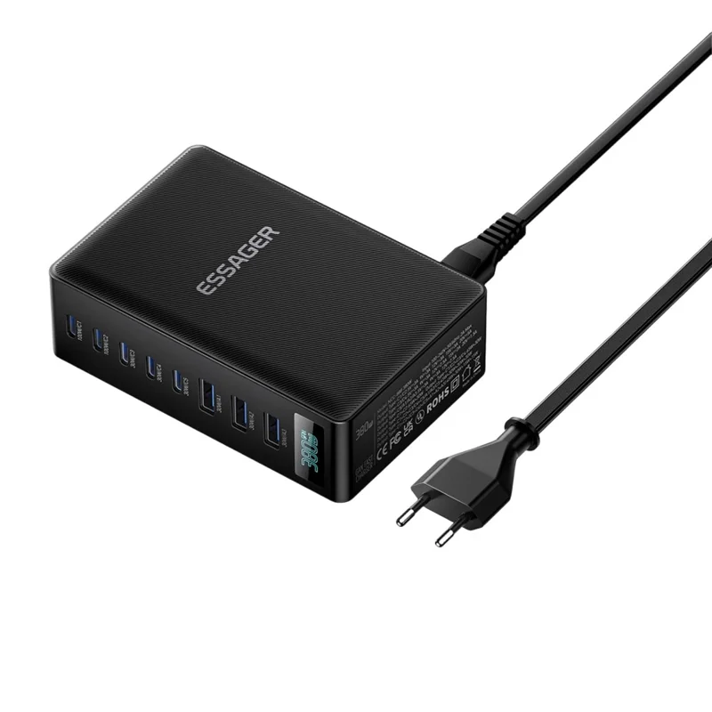 ESSAGER 100W Schnellladegerät GaN Desktop-Ladegerät 5 USB-C + 3 USB-A für Laptop, Telefon, Tablet – EU-Stecker