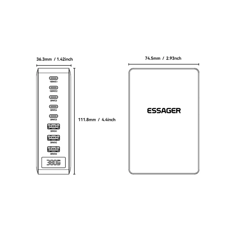 ESSAGER 100W Schnellladegerät GaN Desktop-Ladegerät 5 USB-C + 3 USB-A für Laptop, Telefon, Tablet – EU-Stecker