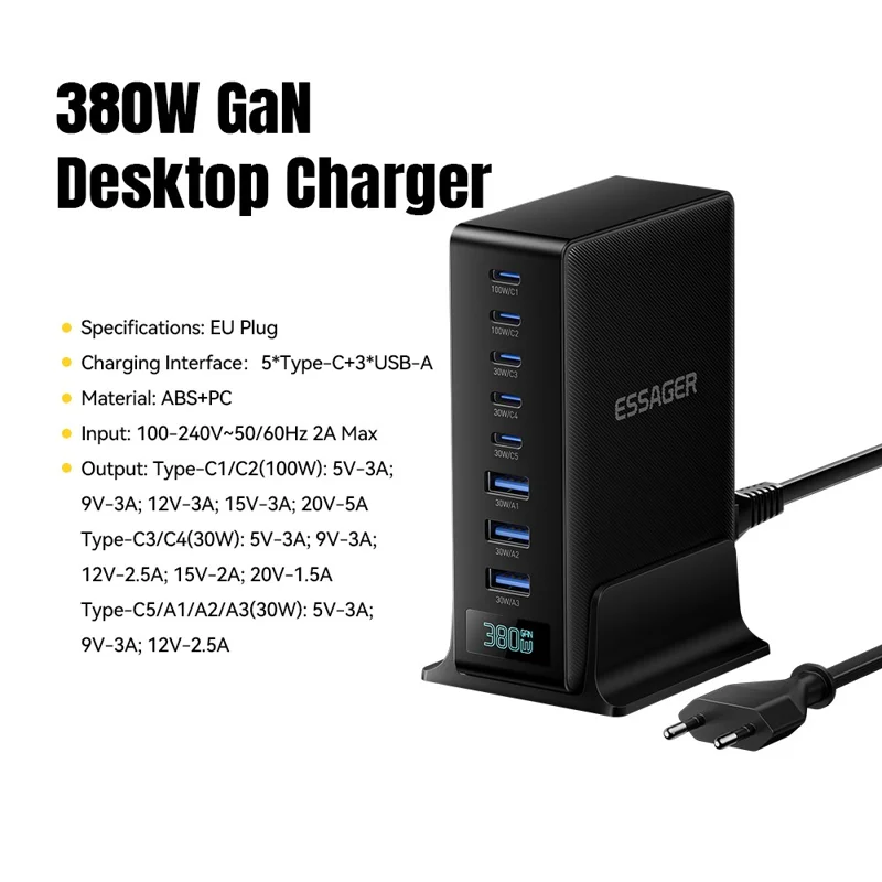 ESSAGER 100W Schnellladegerät GaN Desktop-Ladegerät 5 USB-C + 3 USB-A für Laptop, Telefon, Tablet – EU-Stecker