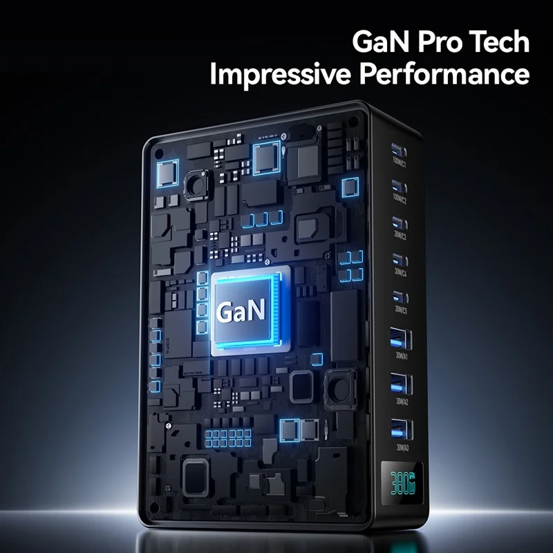 ESSAGER 100W Schnellladegerät GaN Desktop-Ladegerät 5 USB-C + 3 USB-A für Laptop, Telefon, Tablet – EU-Stecker