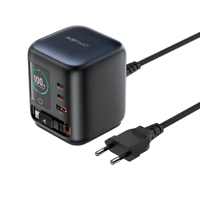 ACEFAST Z10 100W GaN Desktop-Ladegerät mit TFT-Display, 2 USB-C + USB-A, 3-Port-Adapter mit einziehbarem Kabel – EU-Stecker