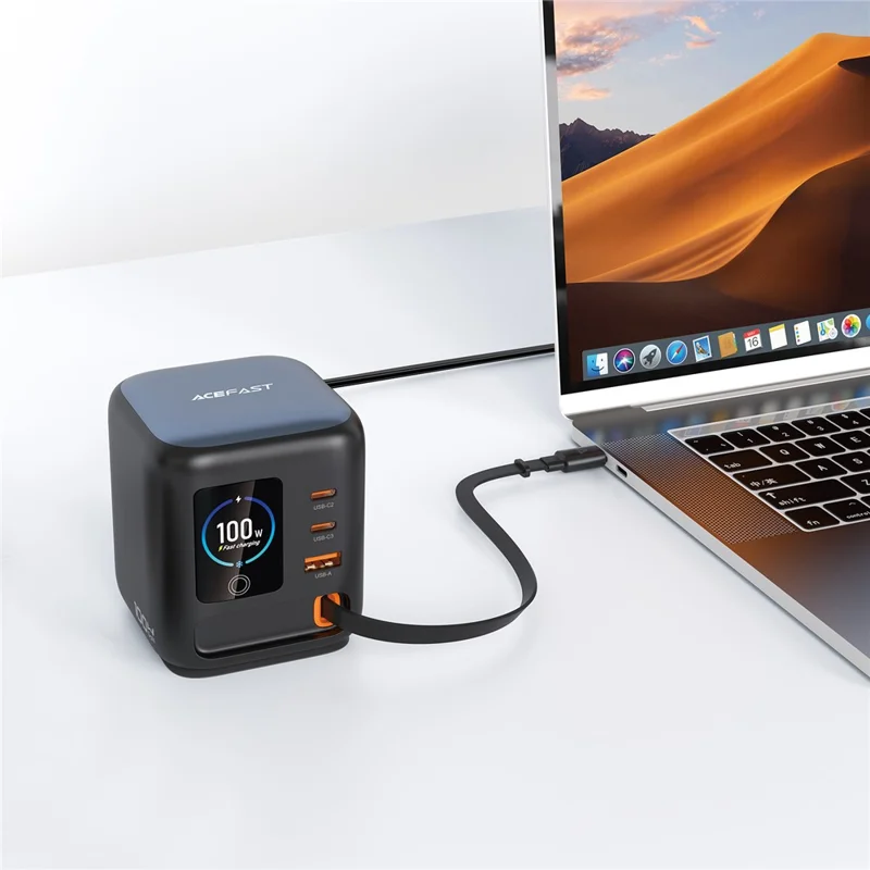 ACEFAST Z10 100W GaN Desktop-Ladegerät mit TFT-Display, 2 USB-C + USB-A, 3-Port-Adapter mit einziehbarem Kabel – EU-Stecker