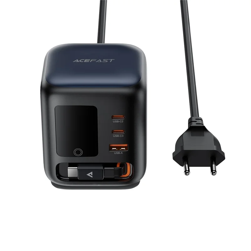 ACEFAST Z10 100W GaN Desktop-Ladegerät mit TFT-Display, 2 USB-C + USB-A, 3-Port-Adapter mit einziehbarem Kabel – EU-Stecker