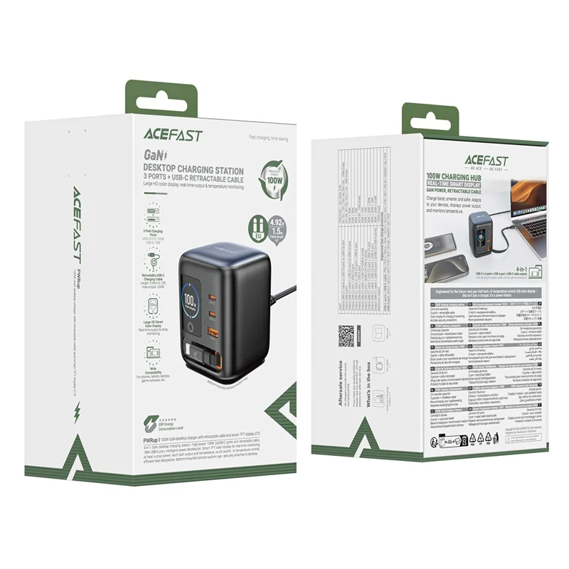 ACEFAST Z10 100W GaN Desktop-Ladegerät mit TFT-Display, 2 USB-C + USB-A, 3-Port-Adapter mit einziehbarem Kabel – EU-Stecker