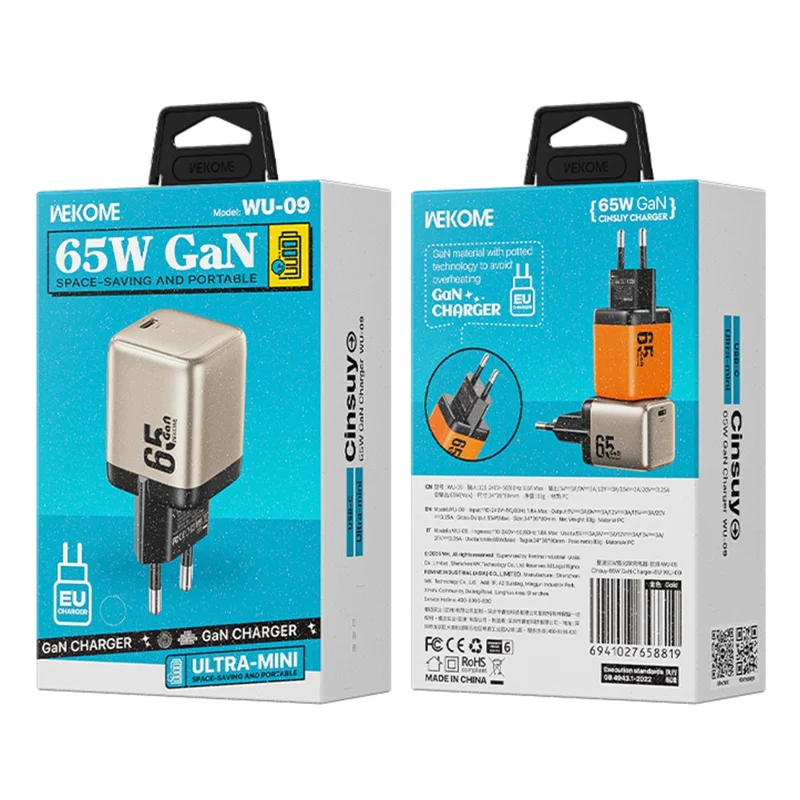 WEKOME WU-09 Chargeur GaN 65 W Type-C PD QC Adaptateur de charge rapide, Prise UE - Or