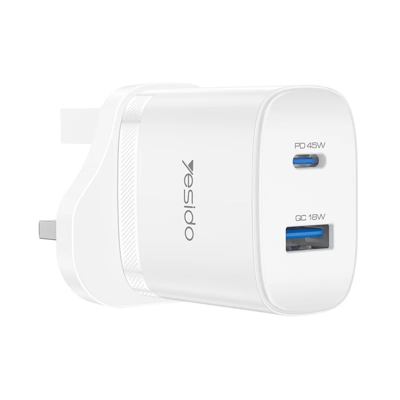 YESIDO YC156 UK Plug PD 45W USB-C + QC 18W USB-A Wall Charger Dual Port Fast Charging Adapter with 1m Type-C Cable - White