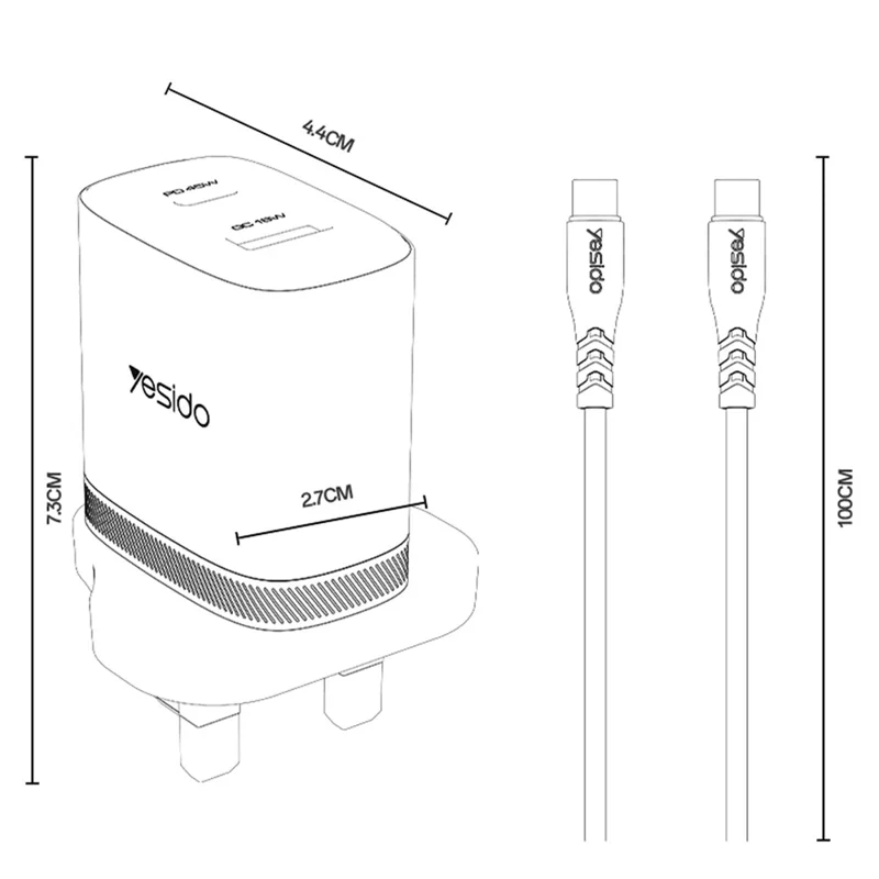 YESIDO YC156 UK Plug PD 45W USB-C + QC 18W USB-A Wall Charger Dual Port Fast Charging Adapter with 1m Type-C Cable - White