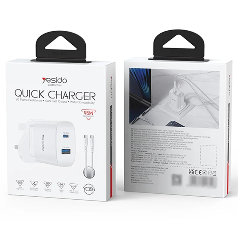 YESIDO YC156 UK Plug PD 45W USB-C + QC 18W USB-A Wall Charger Dual Port Fast Charging Adapter with 1m Type-C Cable - White
