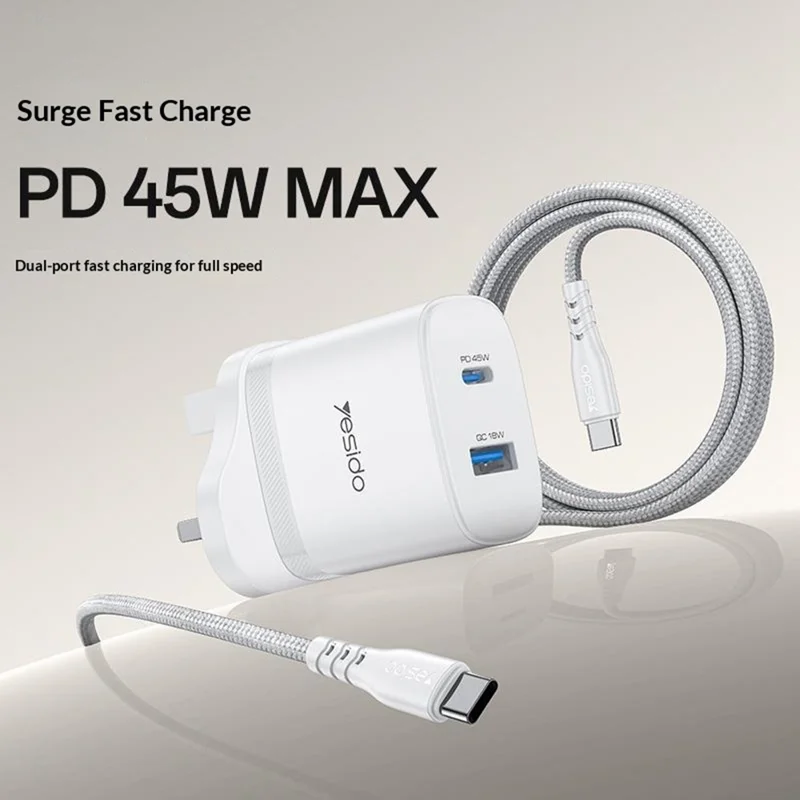 YESIDO YC156 UK Plug PD 45W USB-C + QC 18W USB-A Wall Charger Dual Port Fast Charging Adapter with 1m Type-C Cable - White