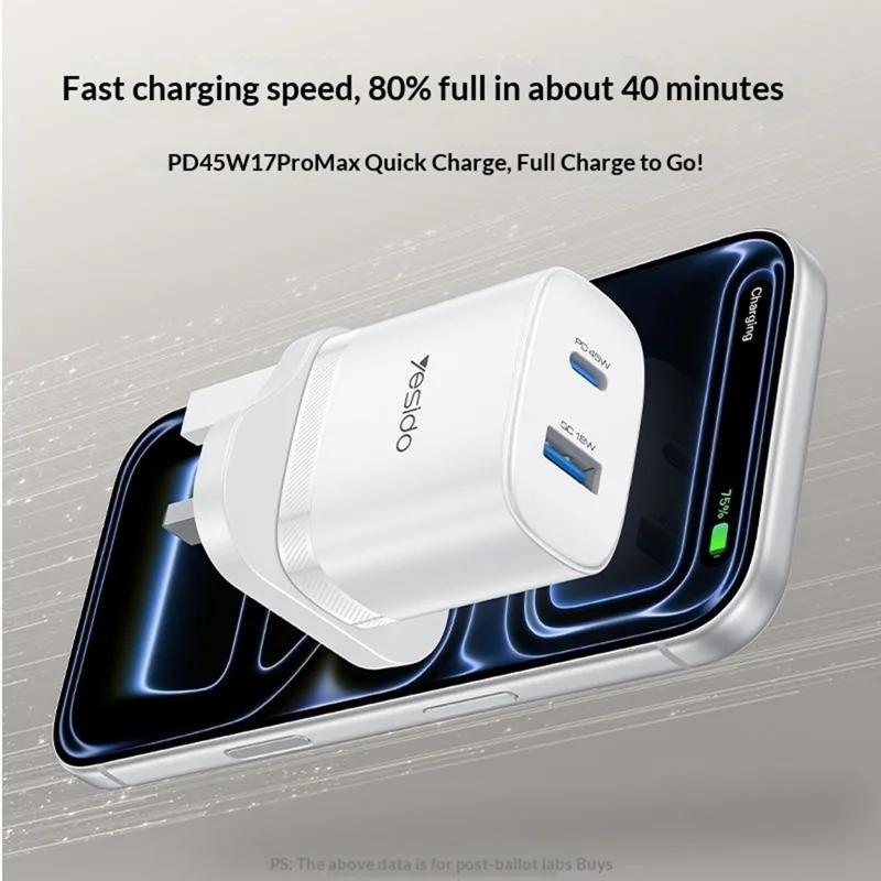 YESIDO YC156 UK Plug PD 45W USB-C + QC 18W USB-A Wall Charger Dual Port Fast Charging Adapter with 1m Type-C Cable - White