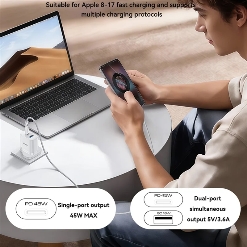 YESIDO YC156 UK Plug PD 45W USB-C + QC 18W USB-A Wall Charger Dual Port Fast Charging Adapter with 1m Type-C Cable - White