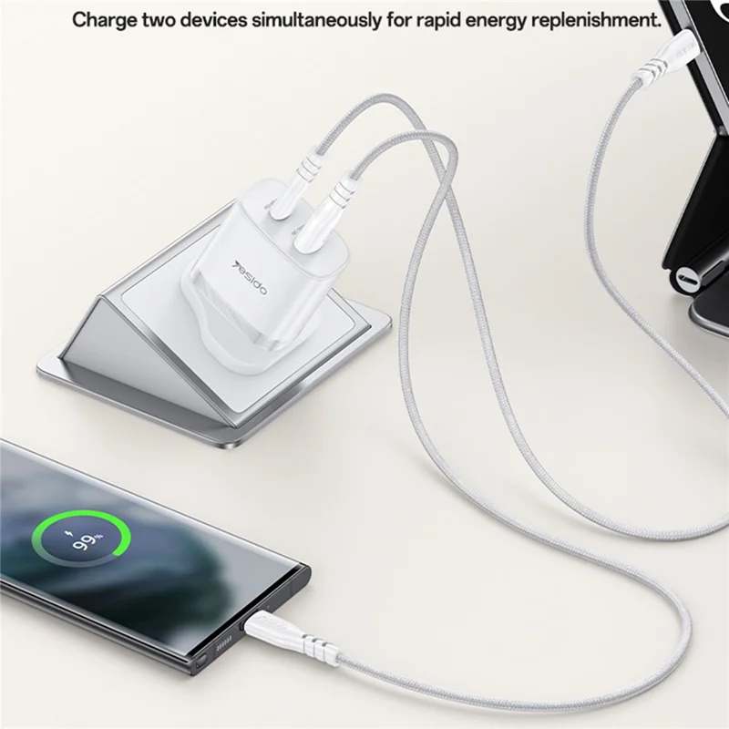 YESIDO YC156 UK Plug PD 45W USB-C + QC 18W USB-A Wall Charger Dual Port Fast Charging Adapter with 1m Type-C Cable - White