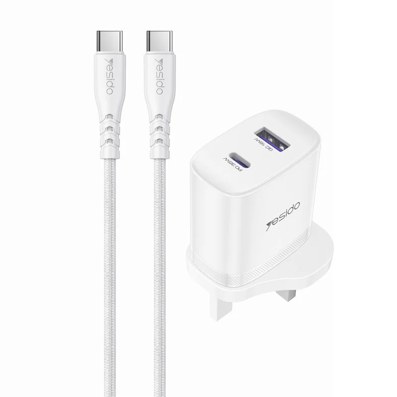 YESIDO YC154 UK Plug PD 35W USB-C + QC 18W USB-A Wall Charger Dual Port Fast Charging Adapter with 1m Type-C Cable - White