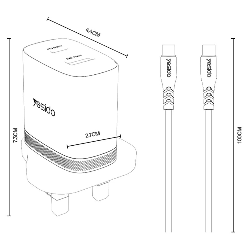 YESIDO YC154 UK Plug PD 35W USB-C + QC 18W USB-A Wall Charger Dual Port Fast Charging Adapter with 1m Type-C Cable - White