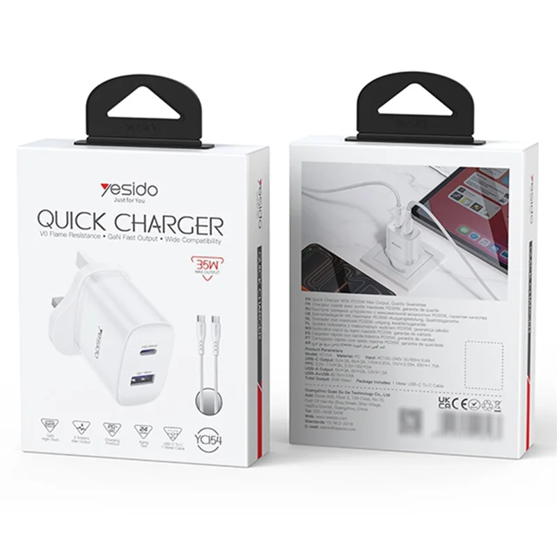 YESIDO YC154 UK Plug PD 35W USB-C + QC 18W USB-A Wall Charger Dual Port Fast Charging Adapter with 1m Type-C Cable - White