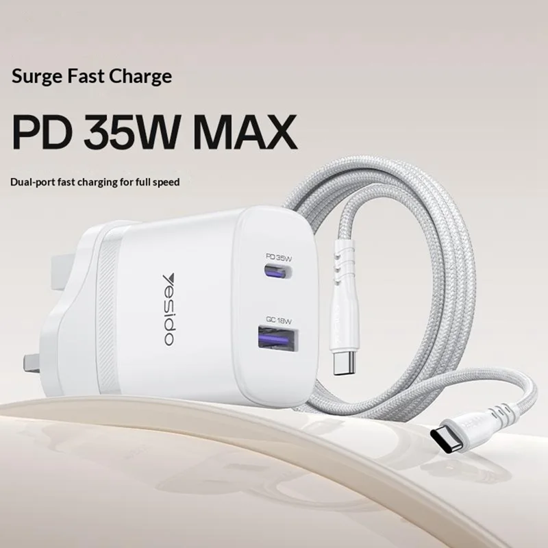 YESIDO YC154 UK Plug PD 35W USB-C + QC 18W USB-A Wall Charger Dual Port Fast Charging Adapter with 1m Type-C Cable - White